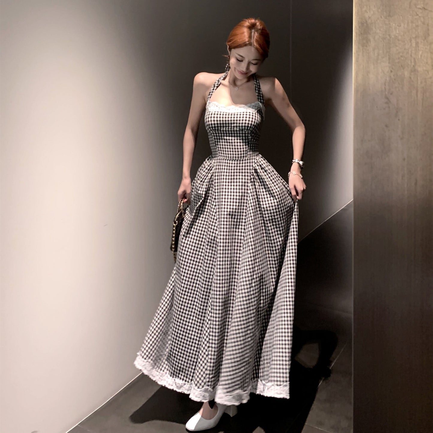 【dress】レース切り替えバックリボンチェック柄ワンピースF7789