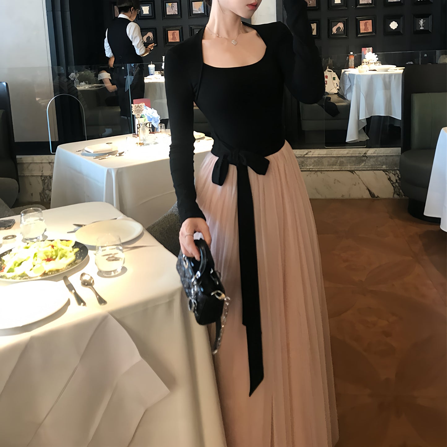 【dress】チュールドッキングロングワンピース　N3439