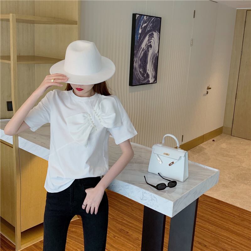 【tops】女性力を高める〜ラウンドネック半袖蝶々結び無地ゆったり着回しTシャツ