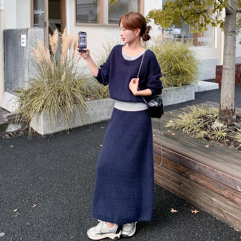 【set】キャミ×ニットトップス×ロングスカート3点セット Q6974
