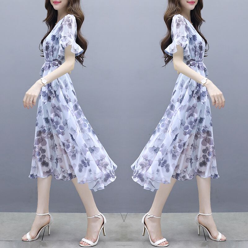 【dress】一目惚れ！Vネックフレアスリーブギャザー花柄ワンピースF0298