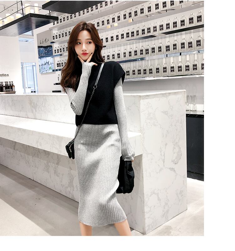 【set】秋冬新作好感度UP!気質満点ファッションベスト+ニットワンピース２点セット G3606