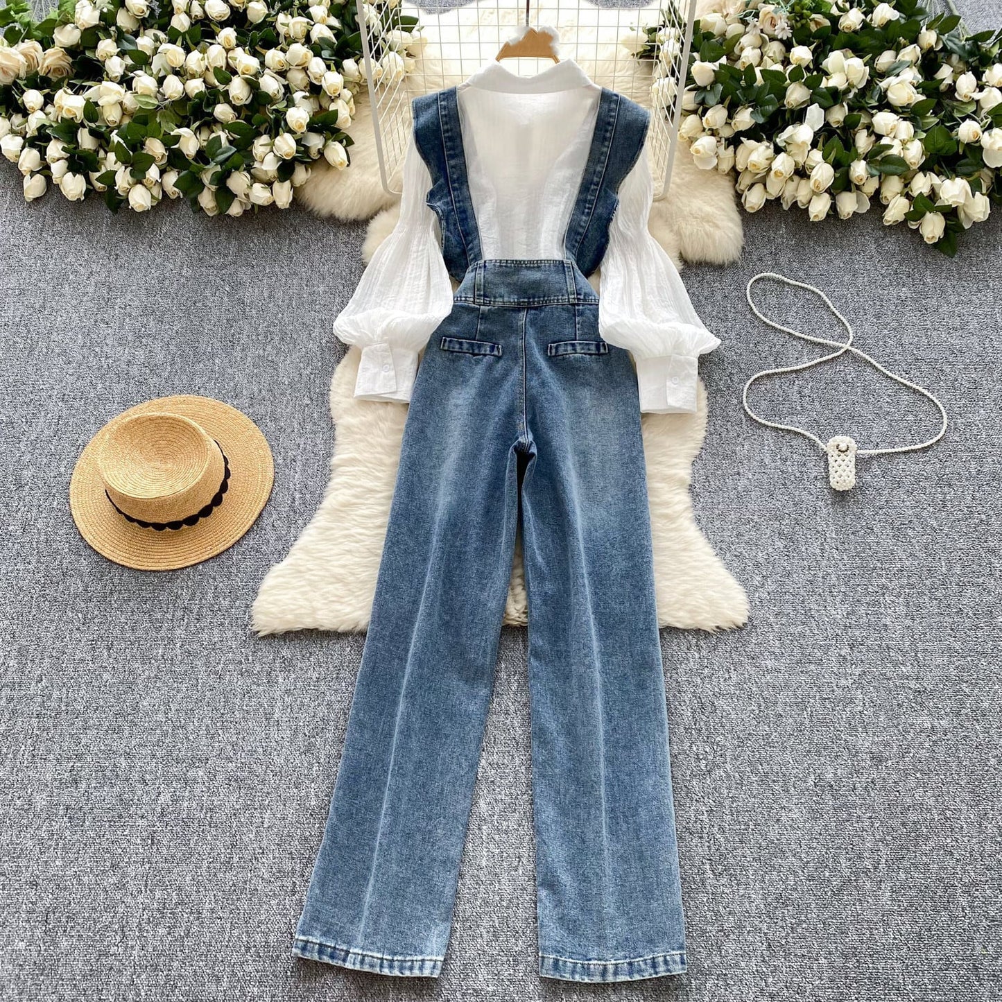 【set】シャツトップス×サロペットデニムパンツセット　M29710