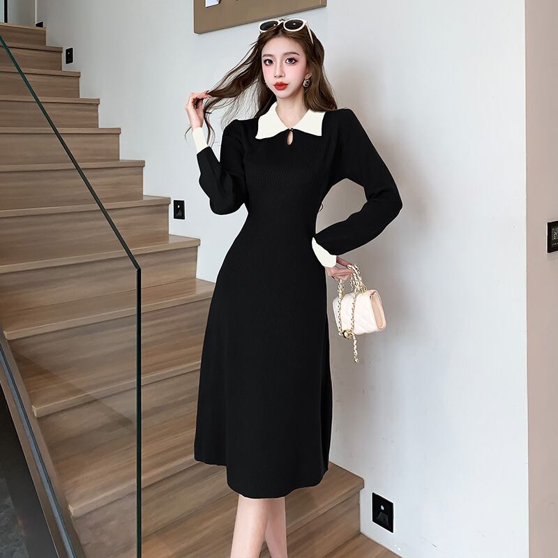 【dress】折り襟ニットワンピース　M19059