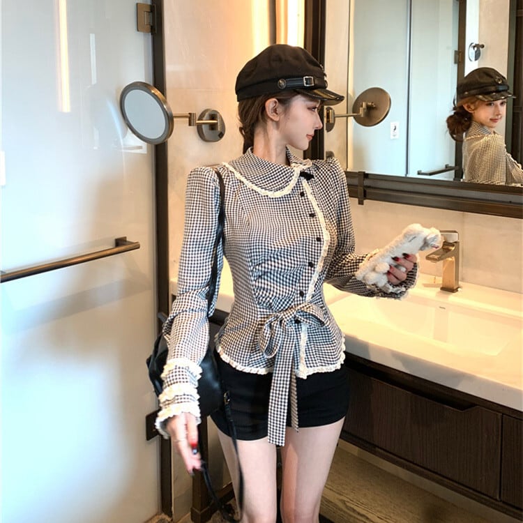 【tops】裹起毛チェック柄シャツトップス　M28587