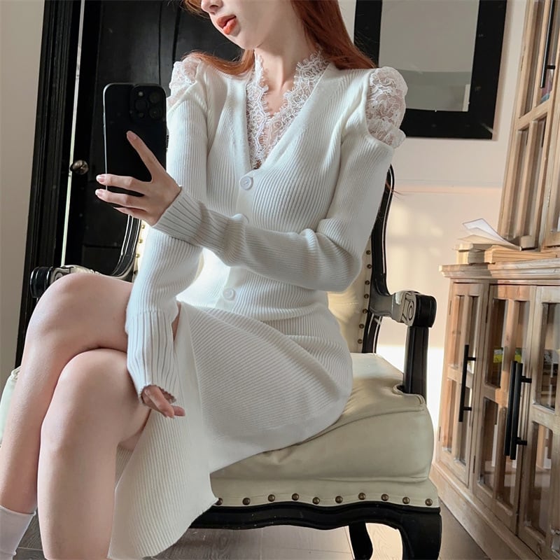 【dress】レースドッキングニットワンピース Q7121