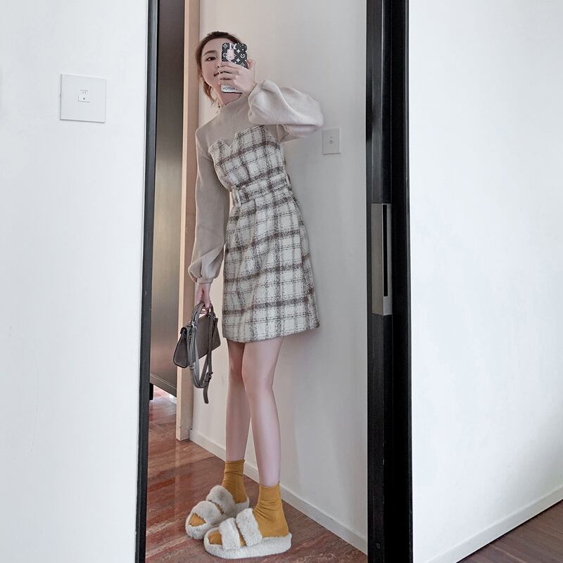 【dress】店長推薦韓国ファッション長袖ラウンドネック切り替えチェック柄ワンピースF0784
