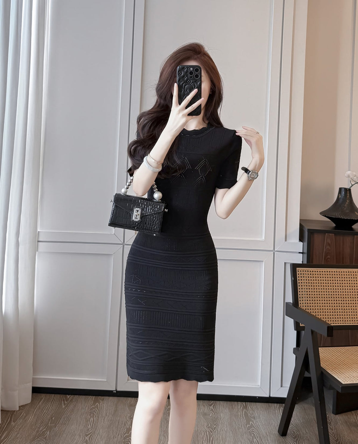 【dress】半袖透かし編みニットワンピース Q8492