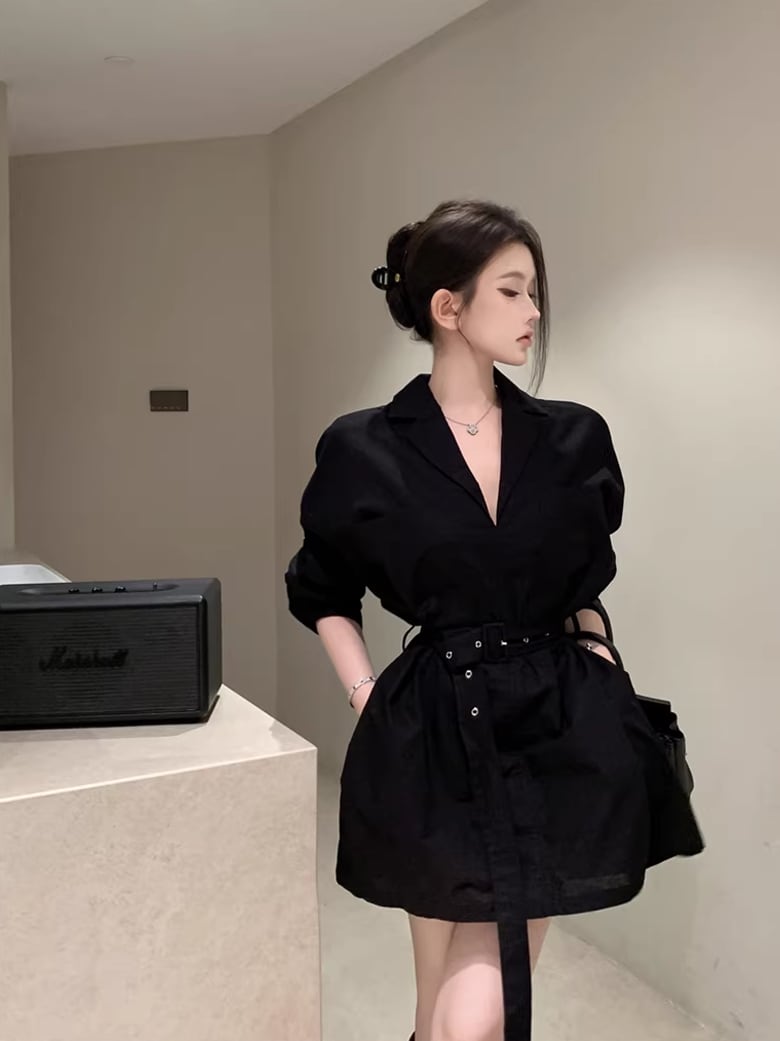 【dress】ベルト付きミニシャツワンピース Q8383