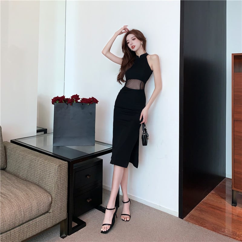 【dress】ノースリーブチュールドッキングワンピース Q8431