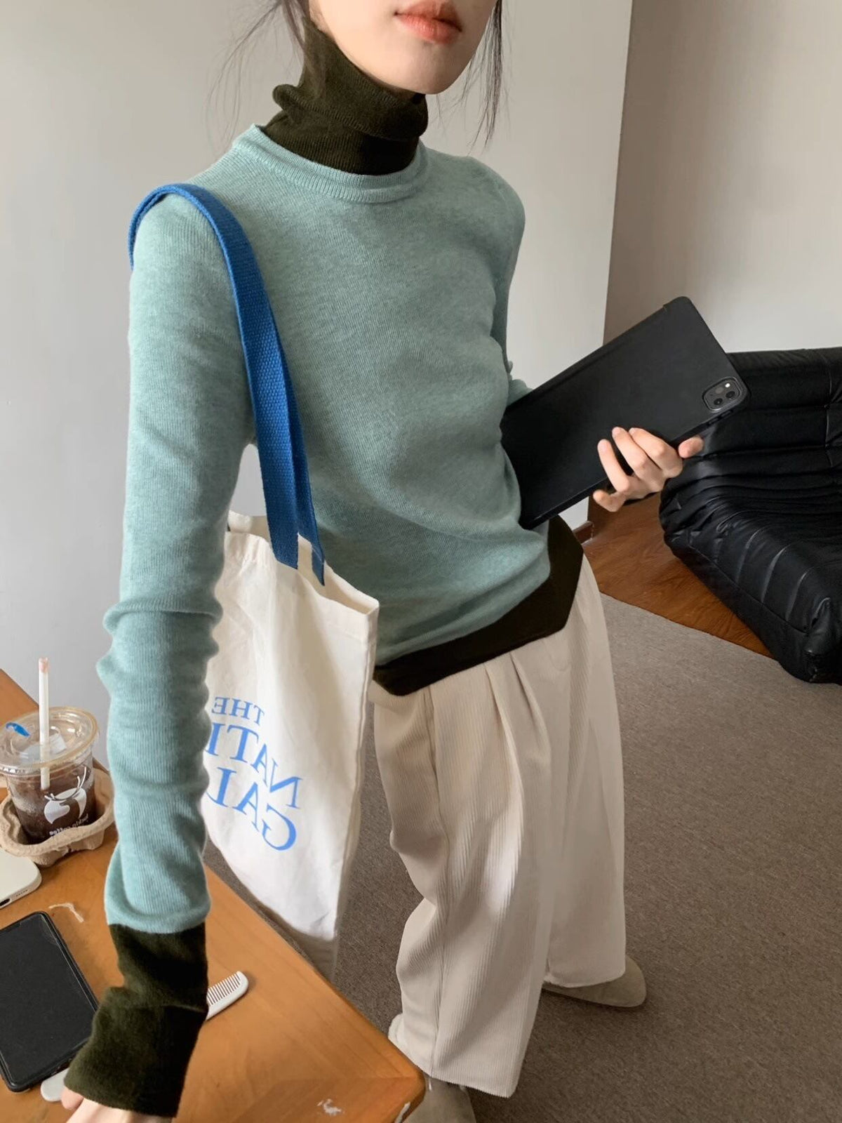 【tops】ハイネック配色ニットトップス　M28613