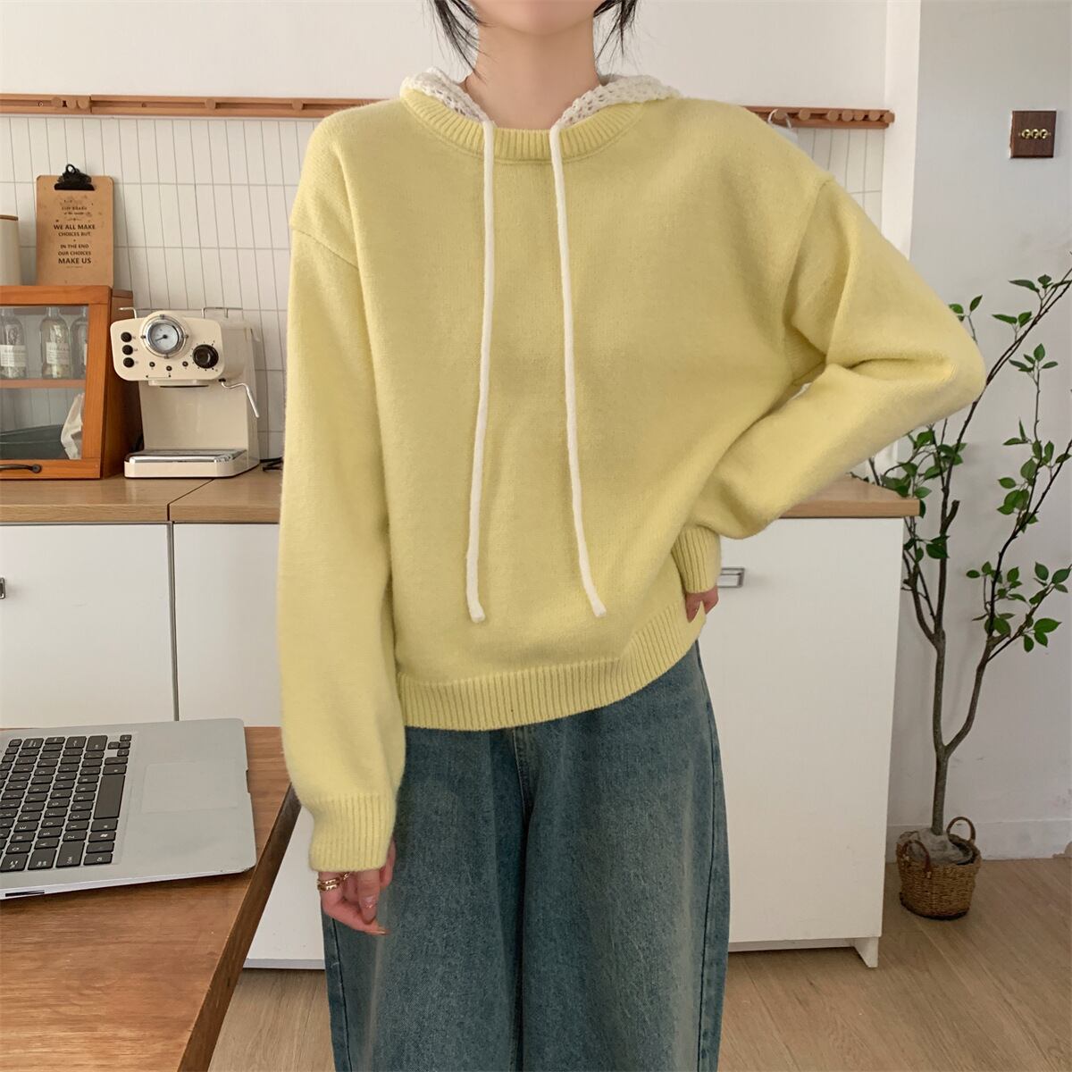 【tops】フード付きニットセーター　M28642