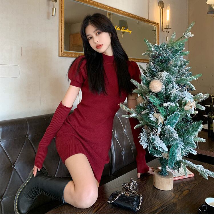 【dress】美人度アップ!気質満点アームカバー付きタイトセクシーギャルニットワンピース G10003