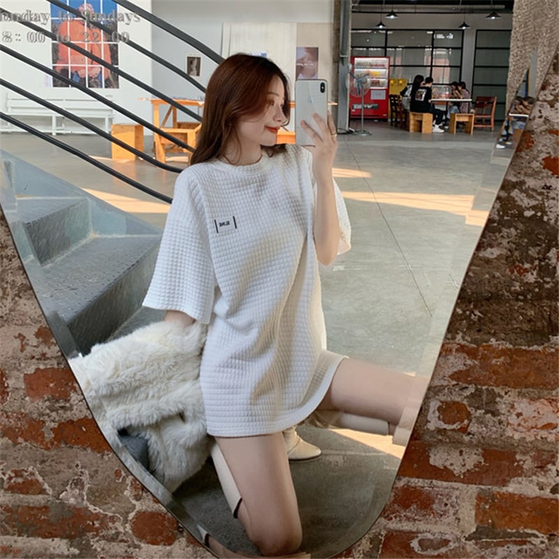 【tops】韓国ファッションINS風2色ラウンドネック半袖ゆったり着回しTシャツF0379