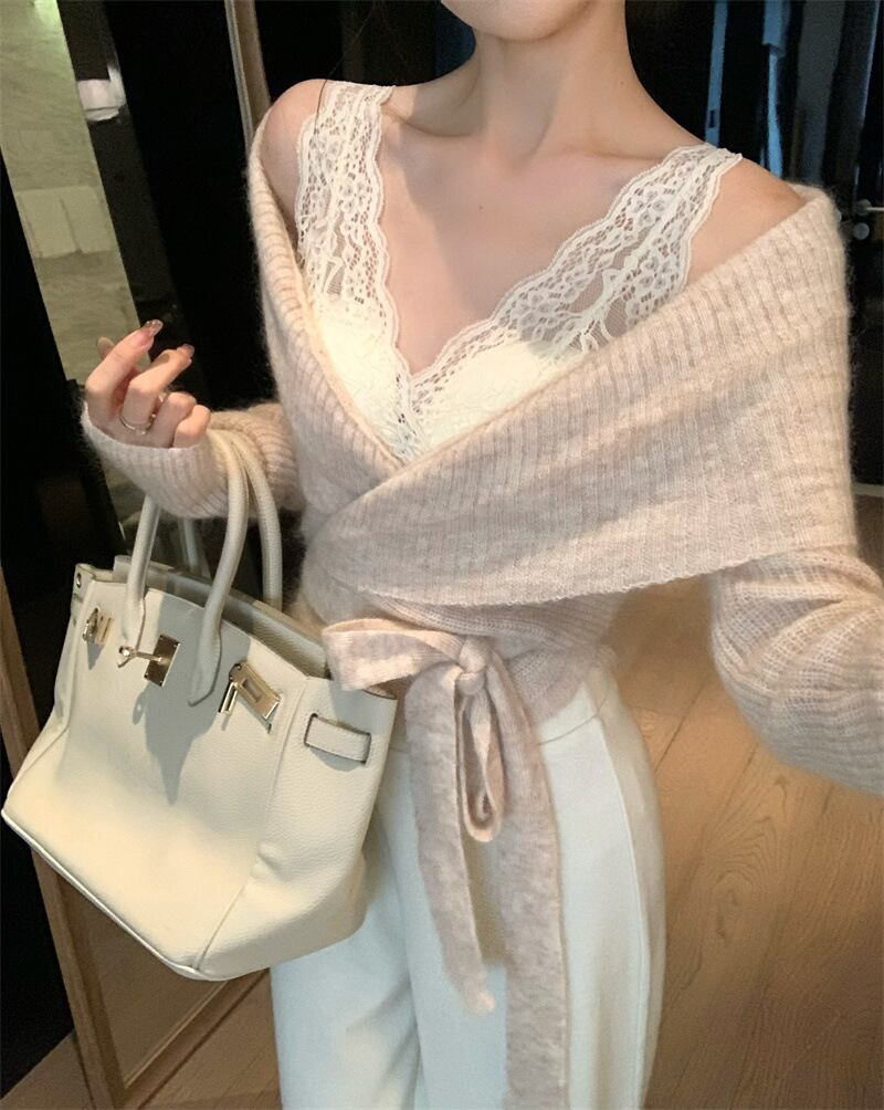 【set】レースキャミソール×ニットセーター×ワイドパンツセット　M28169