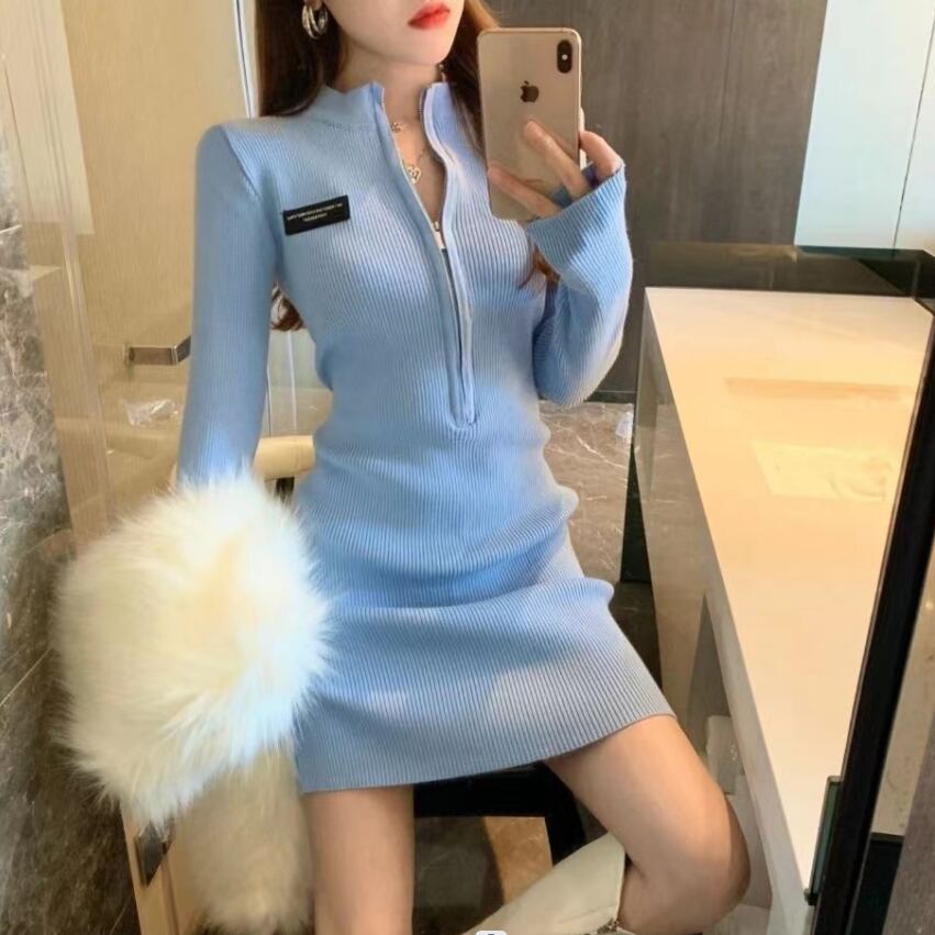 【dress】細身効果抜群♪韓国風INS風秋冬ファスナー長袖体型カバーニットワンピースF3523