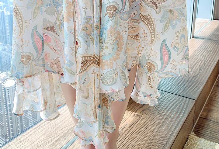 【dress】好感度満載！Vネック半袖夏海旅行シフォン花柄配色ワンピース F0343