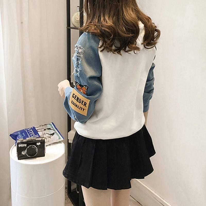 【tops】韓国ファッションフード付き長袖英字柄配色デニム切り替えゆったり着回しパーカーF0776