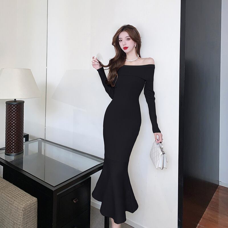 【dress】オフショルダーマーメイドニットワンピース　M17904