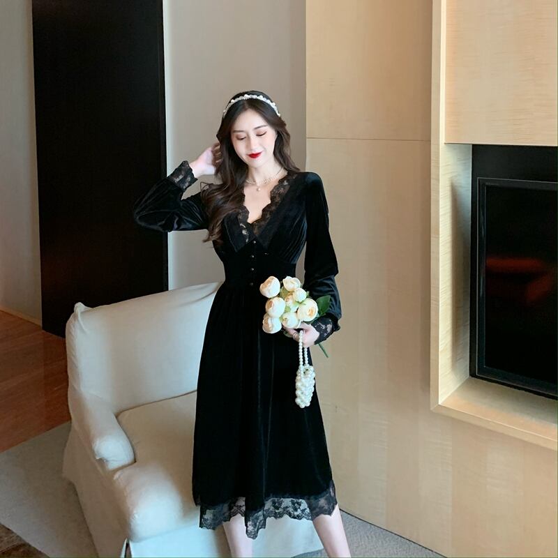 【dress】上品な質感エレガント気質満点オシャレレース切り替え着痩せワンピース G3140