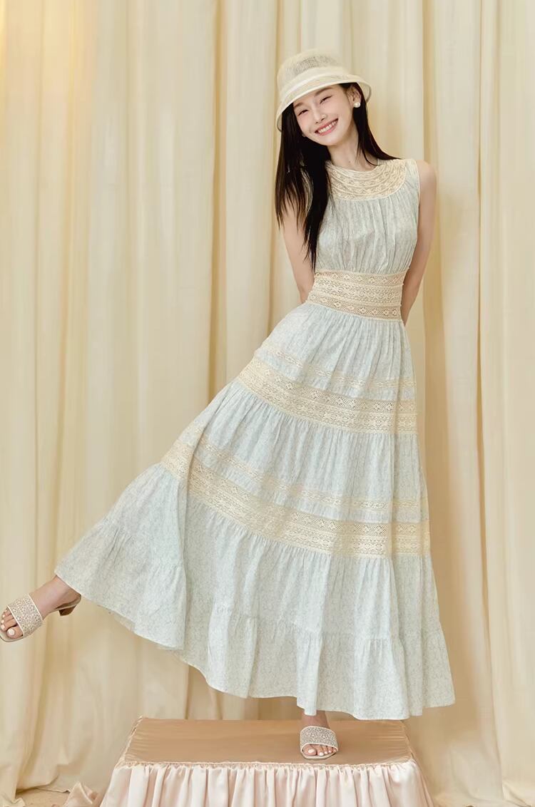 【dress】レースドッキングロングワンピース Q8386