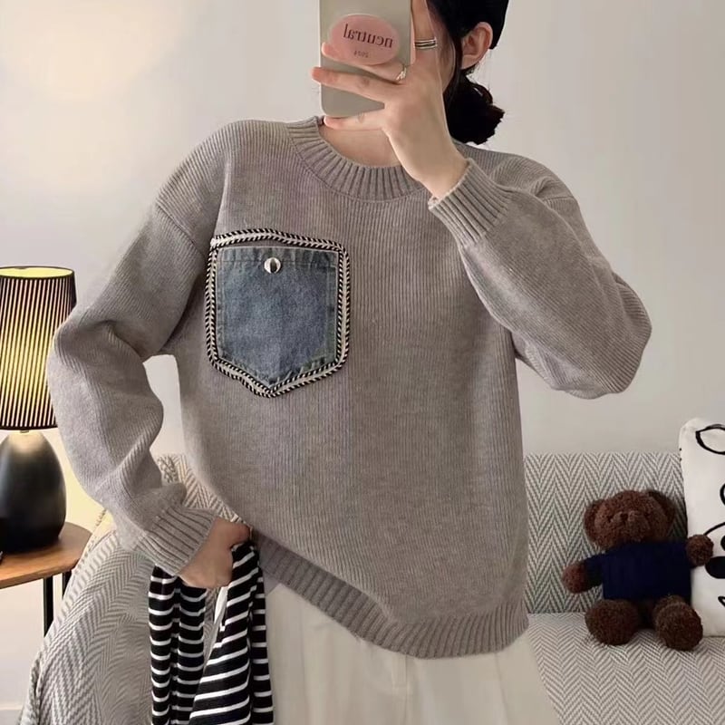 【tops】デニムポケット付きセーター Q6370