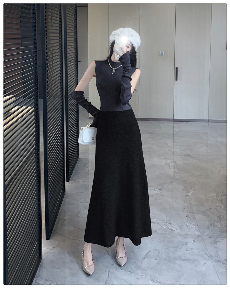 【dress】アームカバー付きドッキングニットワンピース　M28118