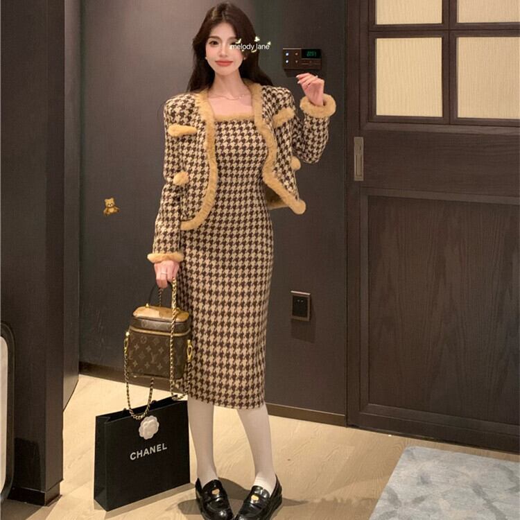 【set】千鳥格子ショートコート×キャミワンピースセット　M28261