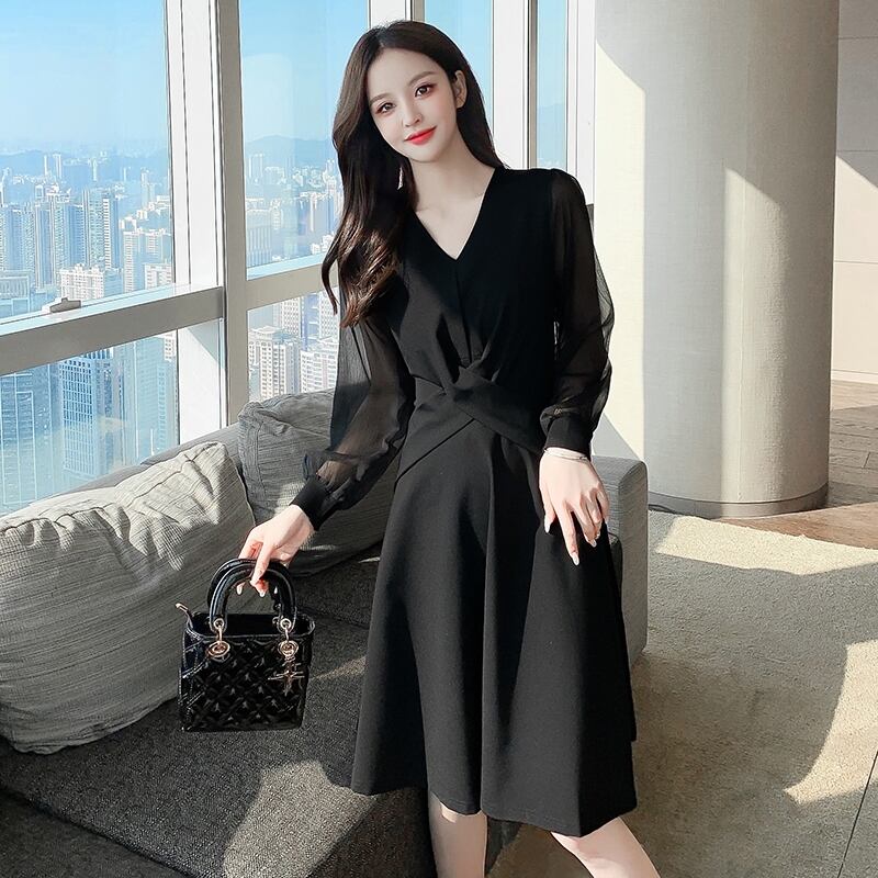 【dress】フランス風 気質満点レトロシフォン切り替えスリットワンピース G1675