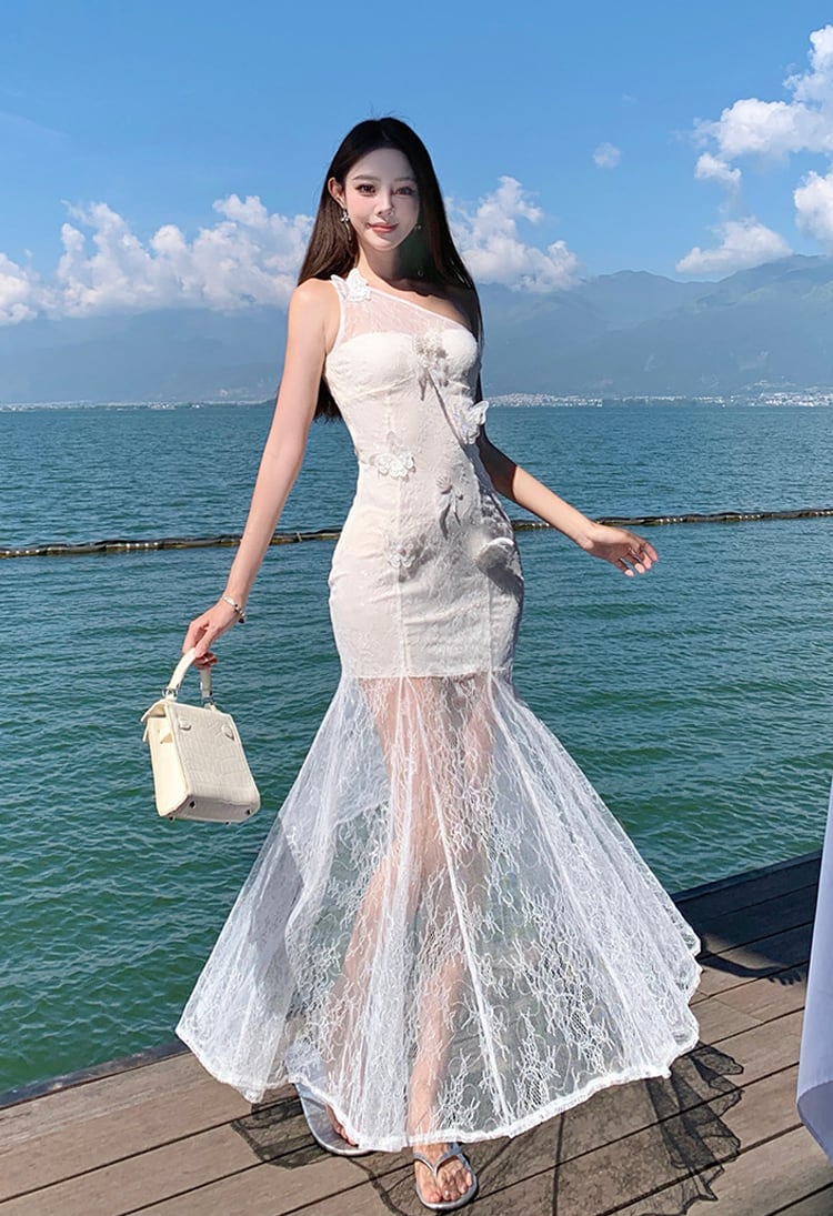 【dress】ワンショルダーレースマーメイドワンピース Q7975