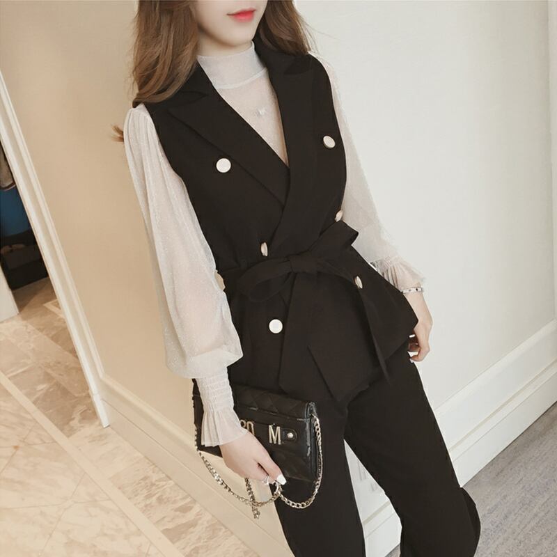 【set】美人度アップ!韓国系スウィート洋気ベスト+シャツ+パンツセットアップ G2087