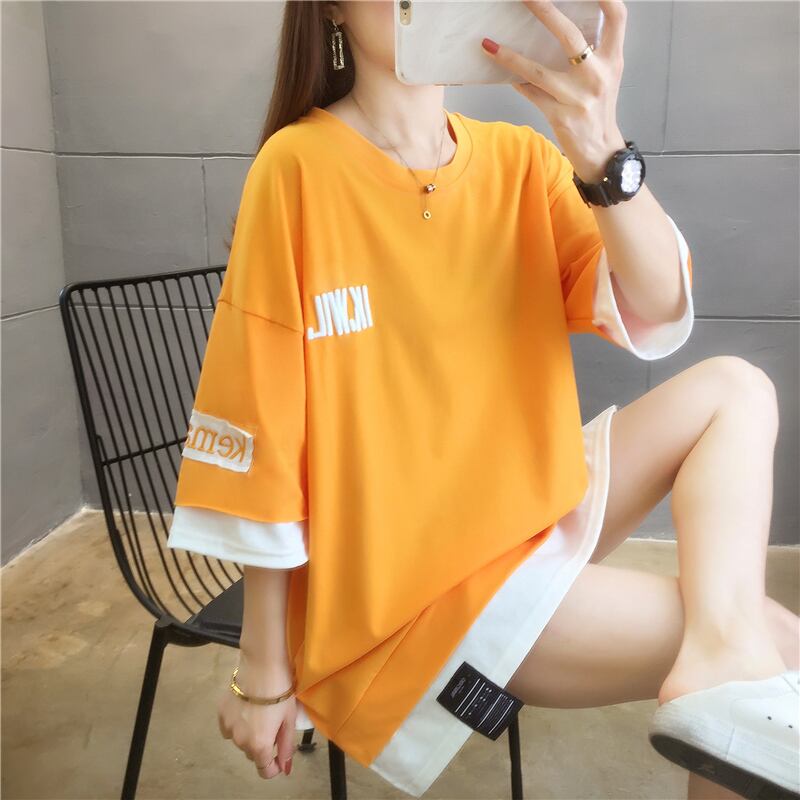 【tops】ラウンドネック半袖カジュアル偽二つ切り替え配色着まわしTシャツ