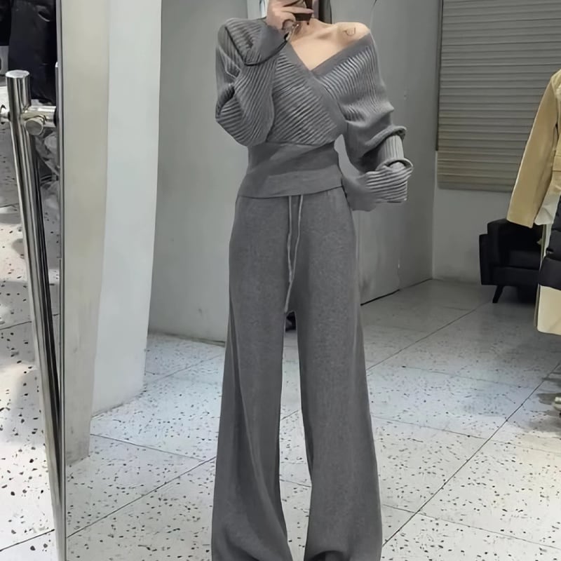 【set】クロスネックニットトップス×ワイドパンツセット Q7696