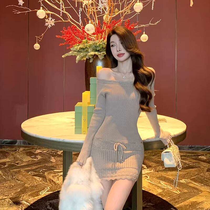 【dress】オフショルダーニットワンピース Q7727
