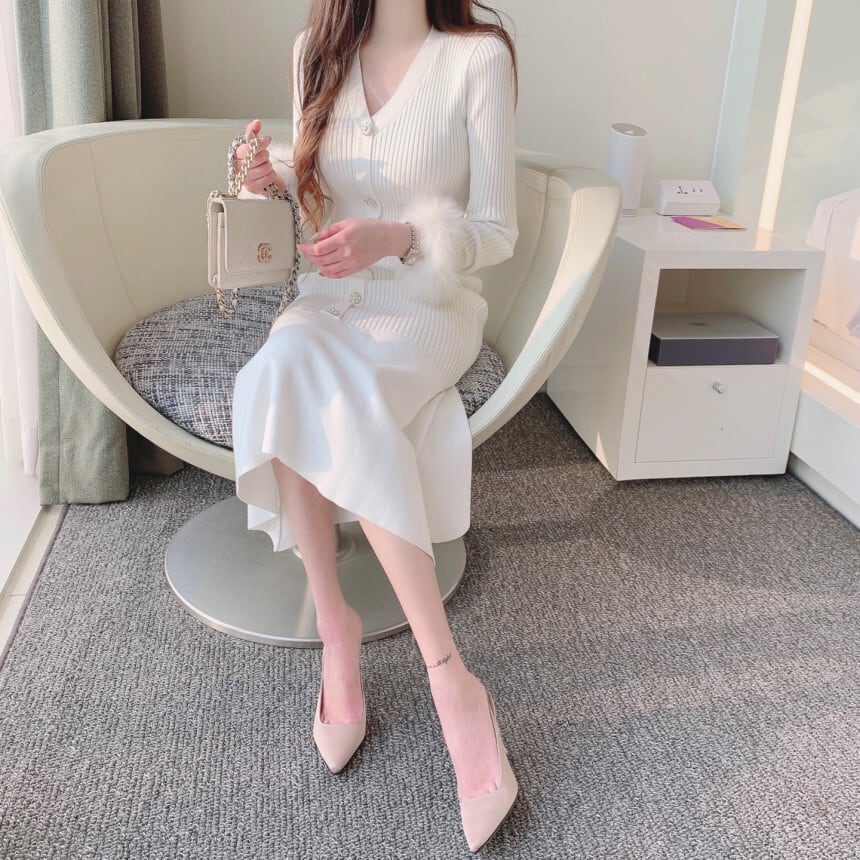 【dress】袖ファー マーメイドニットワンピース　M26156