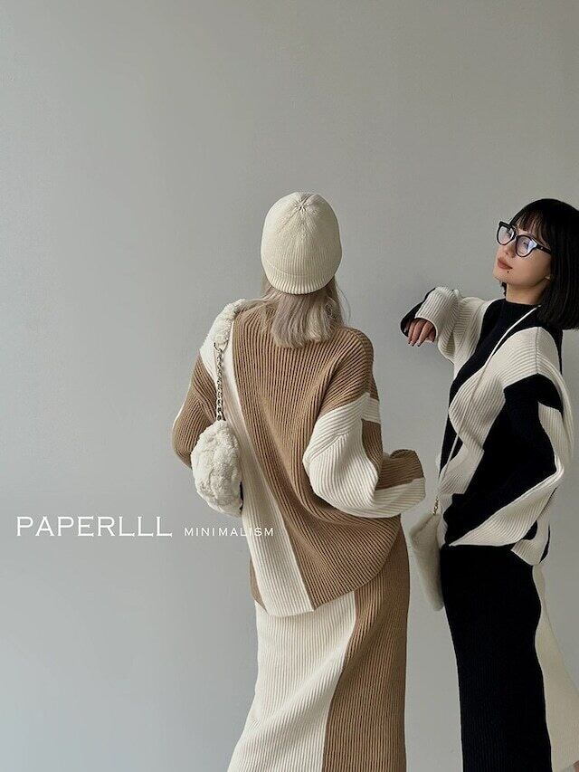 【set】ハイネックセーター+スカート配色２点セット F6295