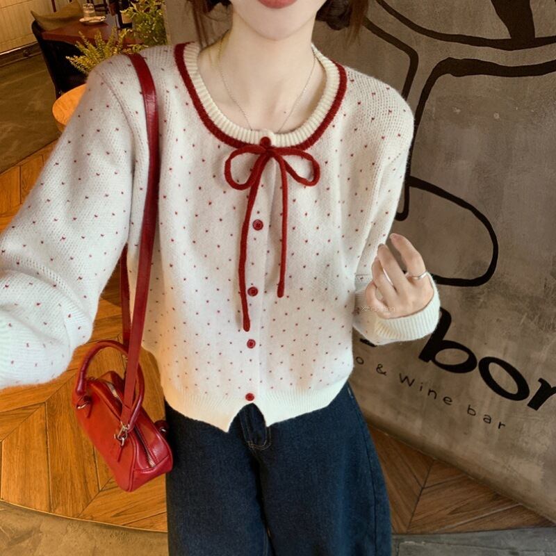 【outer】リボン付きニットカーデ　M28697
