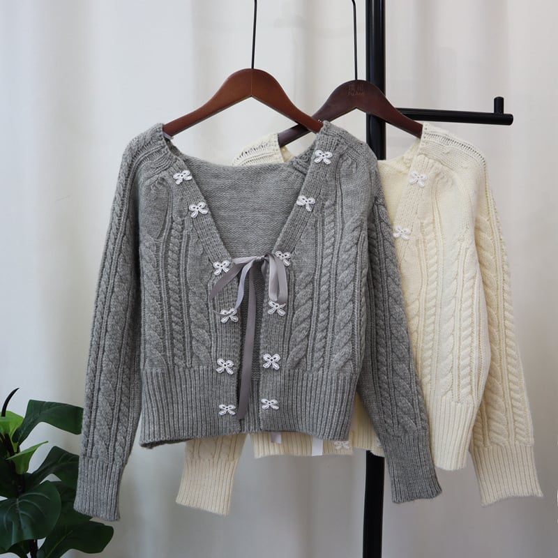 【outer】リボン付きニットカーデ　M25494