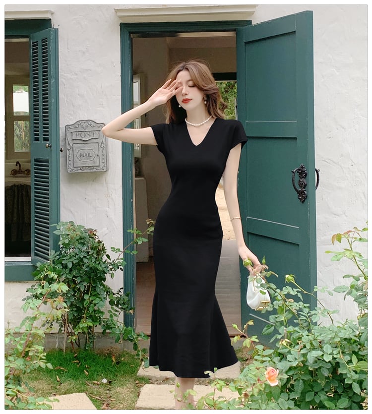 【dress】VネックマーメイドニットワンピースF7441