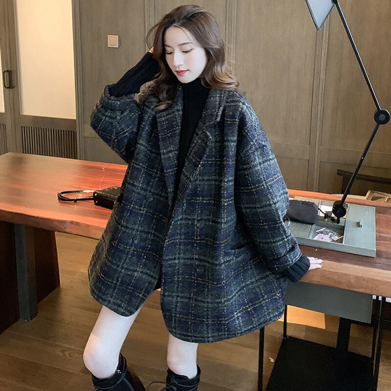 【outer】気質溢れる♪大きいラペル長袖チェック柄ゆったり着回し厚手コートF0844