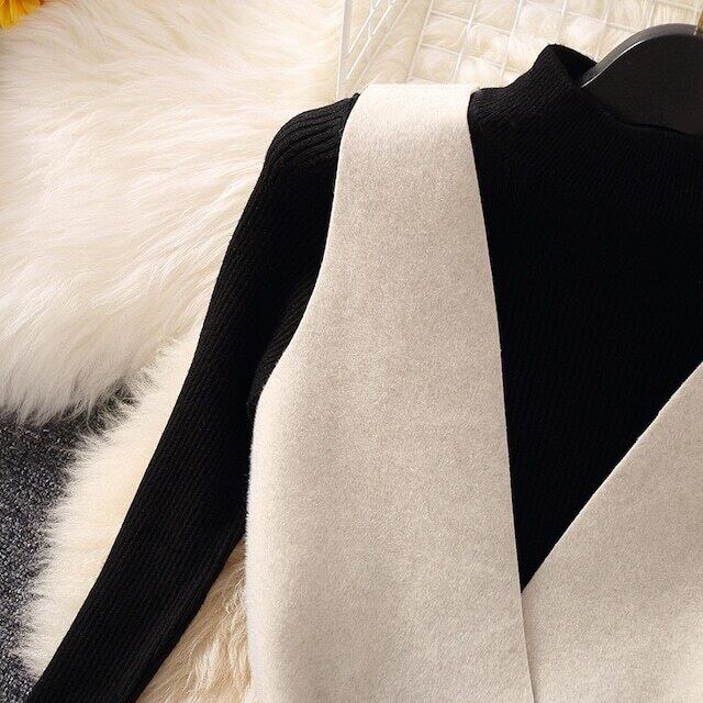 【set】好感度満載！秋冬新作Vネックベスト+無地セーター+美シルエットスカート通勤日常3点セットF1295