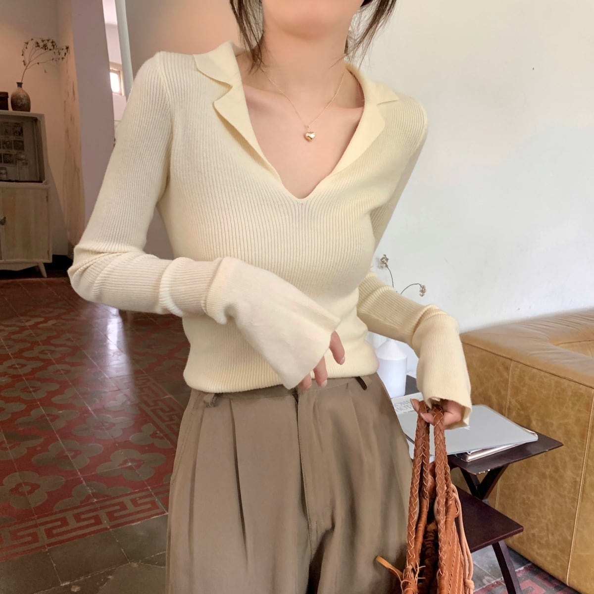 【tops】POLOネックニットトップス　M18950