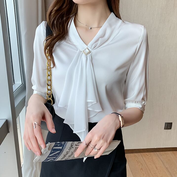 【tops】韓国ファッション2色Vネック半袖無地着回しOL通勤ブラウスF0119