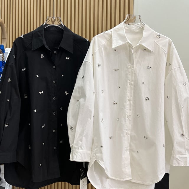 【tops】2色長袖ラインストーンブラウスF7328