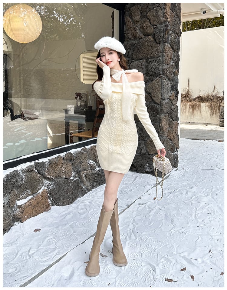 【dress】リボンオフショルニットワンピース　N2855