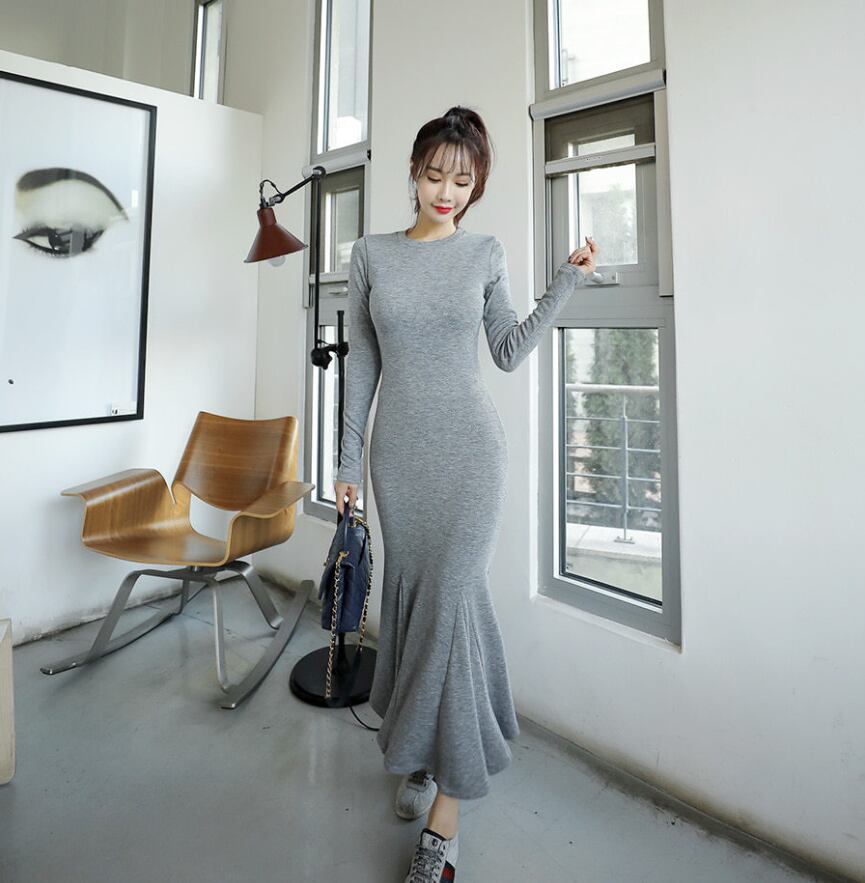 【dress】韓流スタイル気質満点長袖ラウンドネック体型カバーマーメイドワンピース G2416