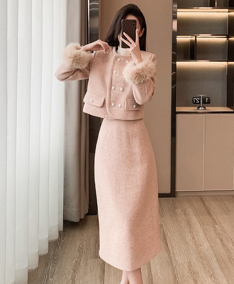 【set】袖ファーコート×ロングスカートセット Q7415