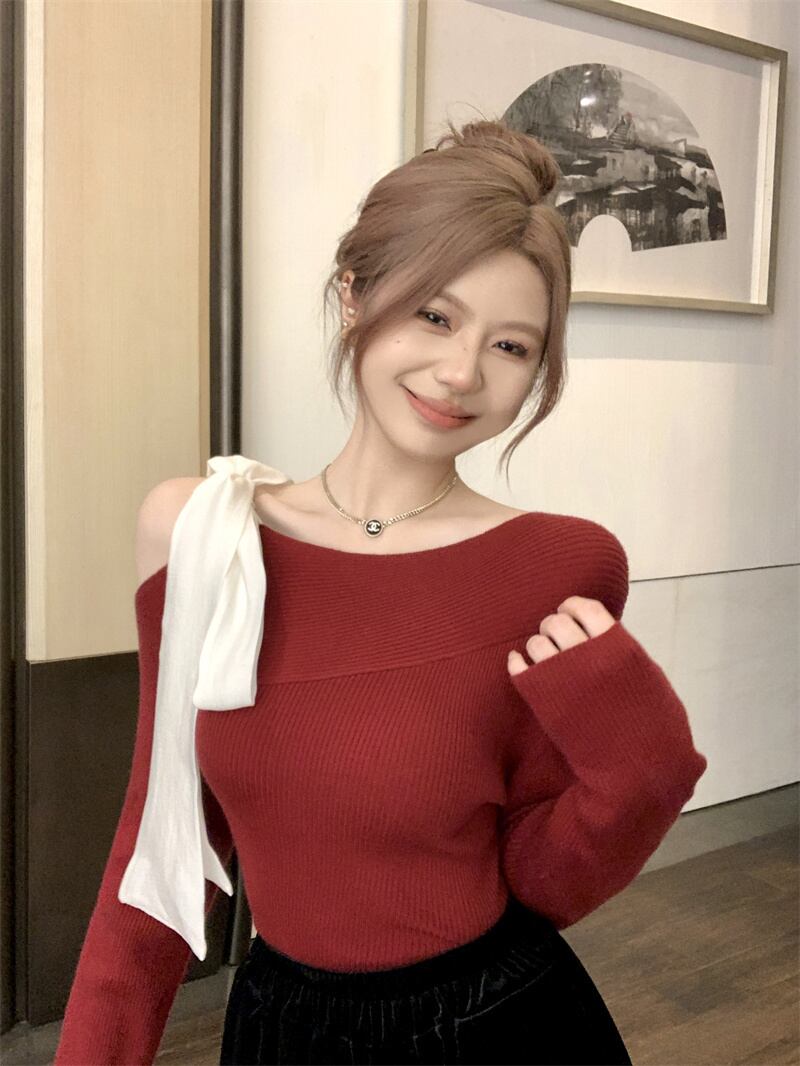 【tops】ショルダーリボンアシンメニットトップス　N2870