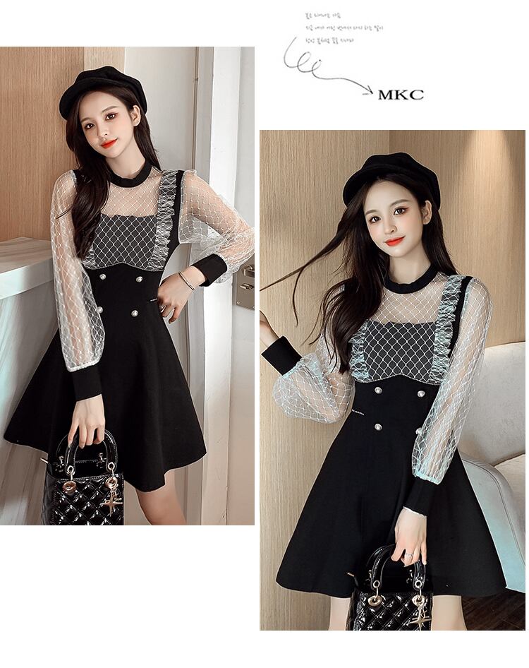 【dress】エレガント!気質満点レトロ切り替え長袖体型カバー着痩せ春フランス風ワンピース G5325