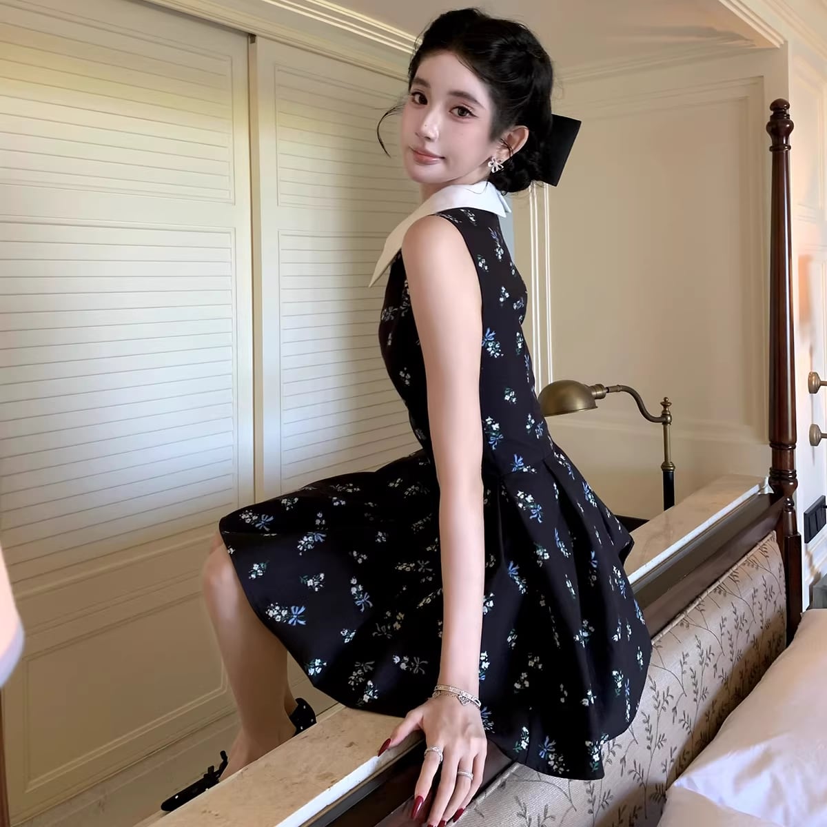 【dress】ノースリーブ花柄フレアミニワンピース Q8413